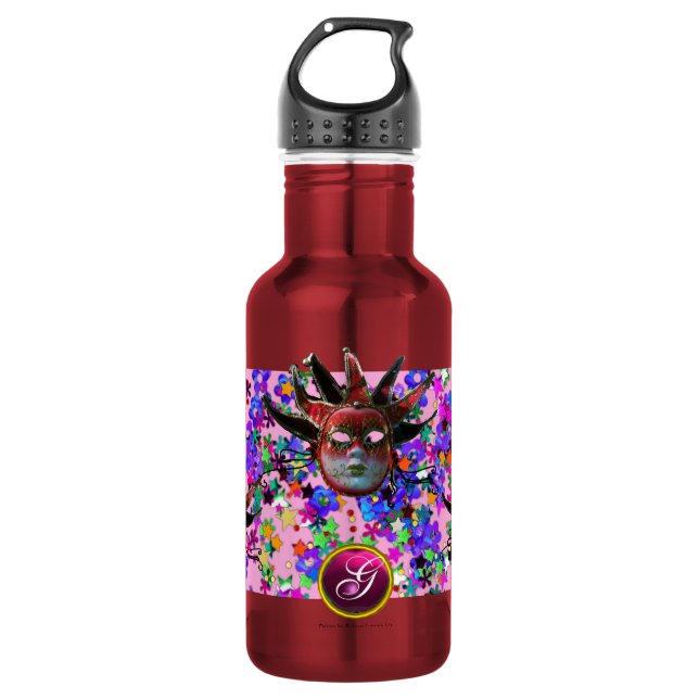 BLACK  RED JESTER MASK ,Masquerade Party Monogram Water Bottle (Front)