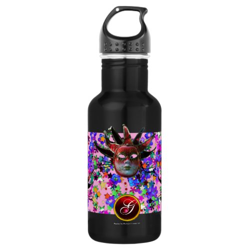 BLACK  RED JESTER MASK Masquerade Party Monogram Water Bottle