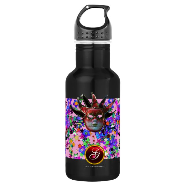 BLACK  RED JESTER MASK ,Masquerade Party Monogram Water Bottle (Front)