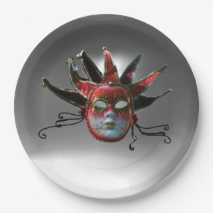 BLACK RED JESTER MASK ,Masquerade Party Paper Plates