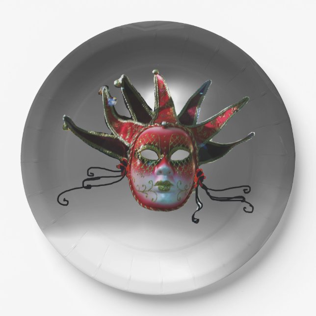 BLACK  RED JESTER MASK ,Masquerade Party Paper Plates (Front)