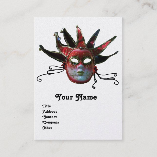 BLACK  RED JESTER MASK Masquerade Party Pearl Business Card (Front)