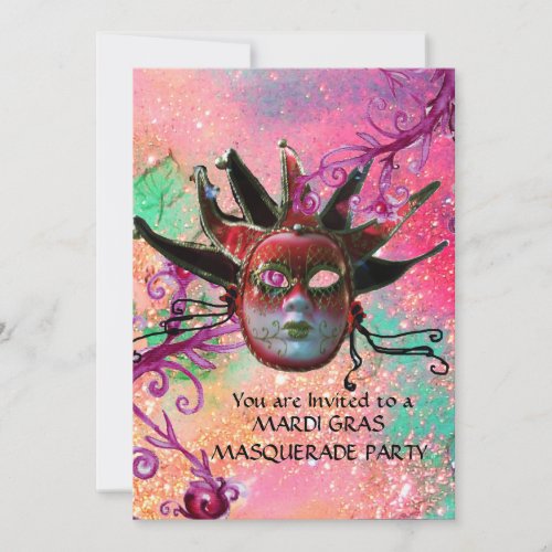 BLACK  RED JESTER MASK Masquerade Party Pink Invitation
