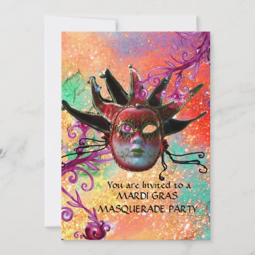 BLACK  RED JESTER MASK Masquerade Party Pink Red Invitation