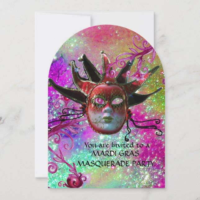 BLACK  RED JESTER MASK ,Masquerade Party Purple Invitation (Front)