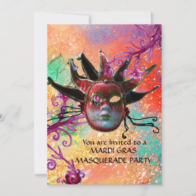 BLACK  RED JESTER MASK ,Masquerade Party Red Gold Invitation (Front)
