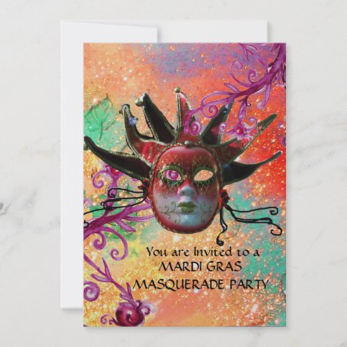 BLACK  RED JESTER MASK Masquerade Party Red Gold Invitation