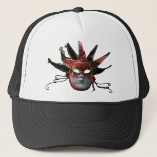 BLACK RED JESTER MASK ,Masquerade Party Trucker Hat