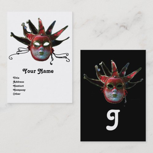 BLACK  RED JESTER MASK ,Masquerade Party Gold Business Card Templates