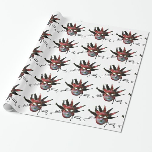 BLACK  RED JESTER MASK Masquerade PartyWhite Wrapping Paper
