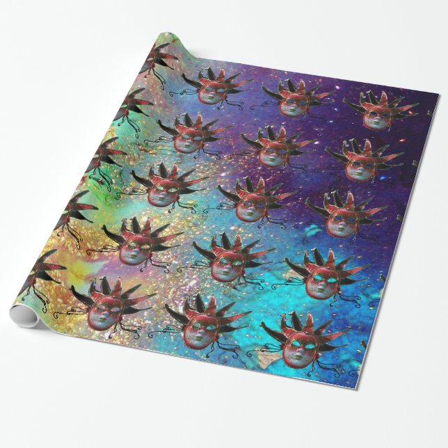 BLACK  RED JESTER MASK ,Masquerade Party,White Wrapping Paper (Unrolled)