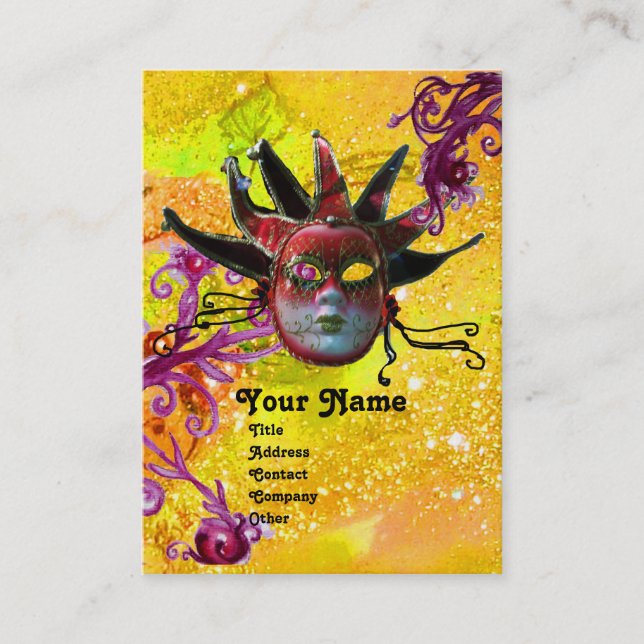 BLACK RED JESTER MASK Masquerade Party Yellow Gold Business Card (Front)