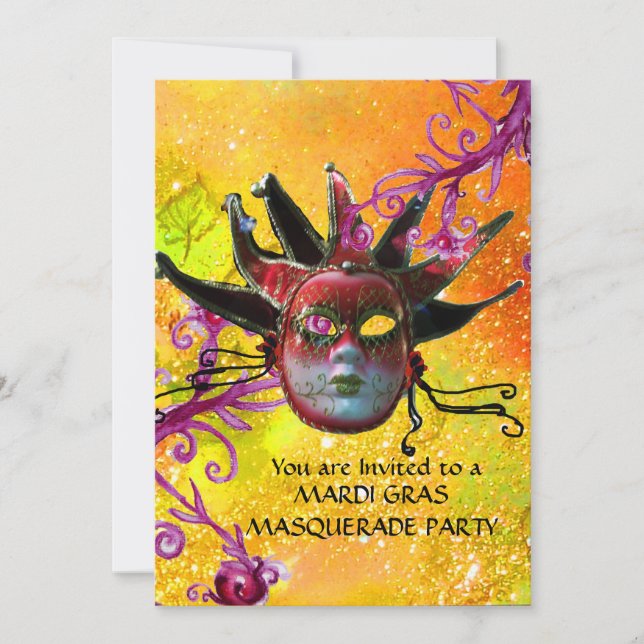 BLACK  RED JESTER MASK ,Masquerade Party Yellow Invitation (Front)
