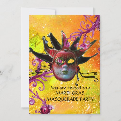 BLACK  RED JESTER MASK Masquerade Party Yellow Invitation