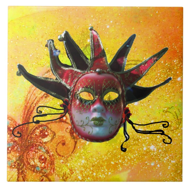 BLACK RED JESTER MASK Masquerade Yellow Brown Ceramic Tile (Front)
