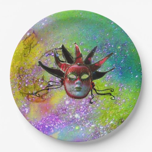 BLACK RED JESTER MASK Masquerade yellow violet Paper Plates