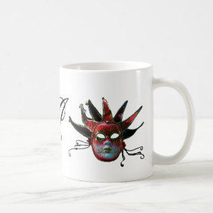 BLACK  RED JESTER MASK MONOGRAM ,Masquerade Party Coffee Mug