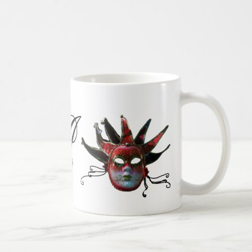 BLACK  RED JESTER MASK MONOGRAM Masquerade Party Coffee Mug