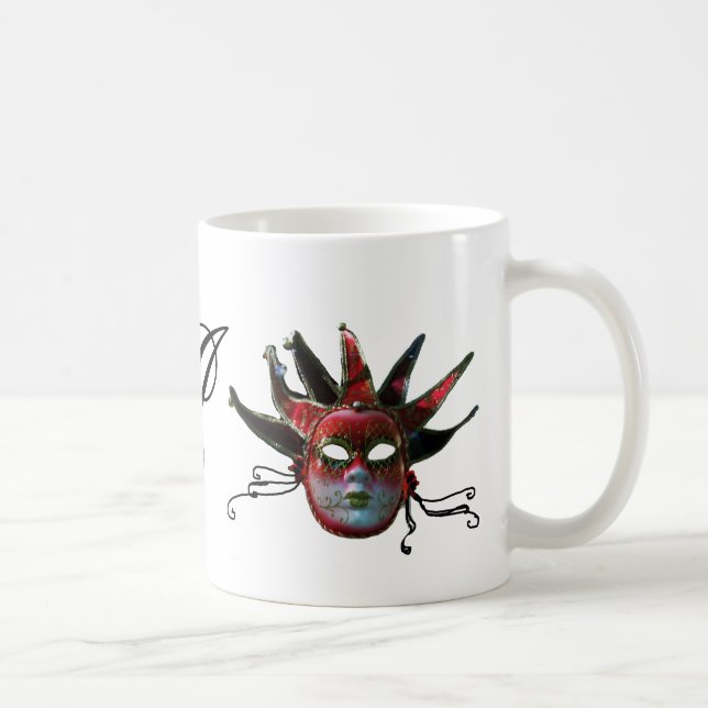BLACK  RED JESTER MASK MONOGRAM ,Masquerade Party Coffee Mug (Right)