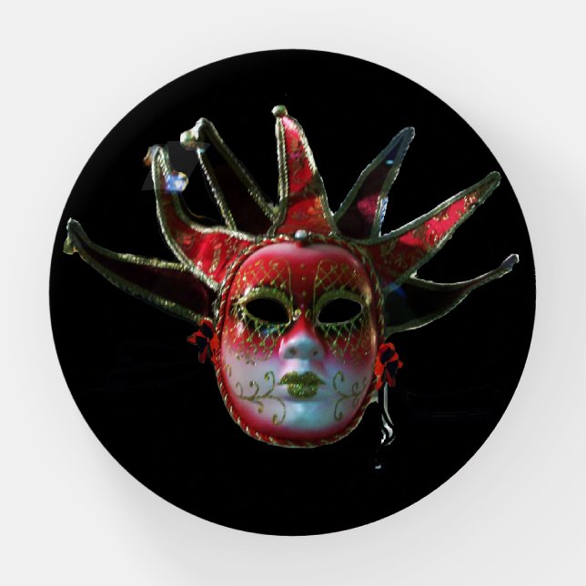 BLACK RED JESTER MASK , Venetian Masquerade Paperweight (Front)