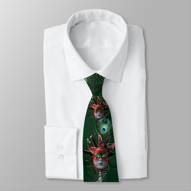 BLACK RED JESTER MASK WITH  PEACOCK FEATHERS Green Neck Tie (Tied)