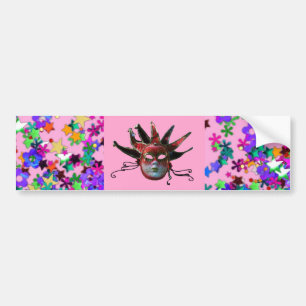 BLACK RED JESTER MASQUERADE MASK,COLORFUL CONFETTI BUMPER STICKER