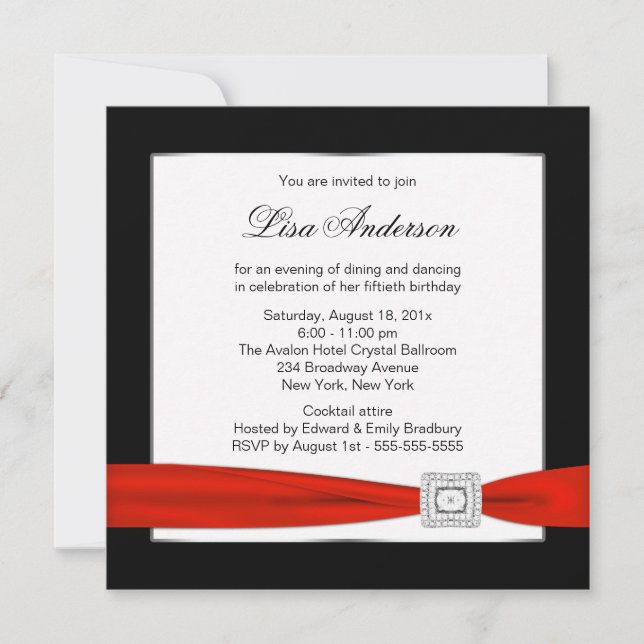 Black Red Jewel Classy  Womans 50th Birthday Invitation (Front)