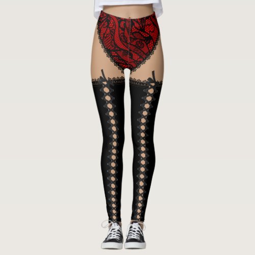 Black  Red Lace Up Leggings