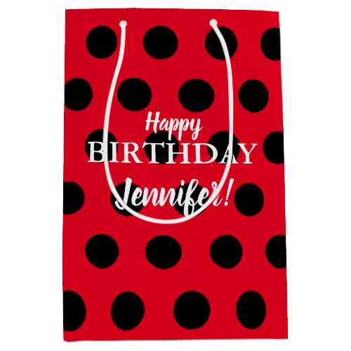 Black  Red Lady Bug Polka Dot Custom Name Medium Gift Bag