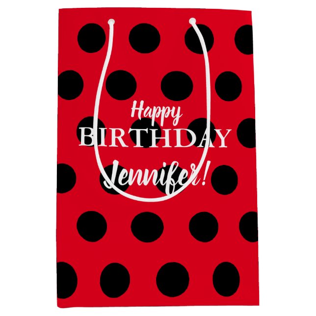 Black & Red Lady Bug Polka Dot Custom Name Medium Gift Bag (Front)