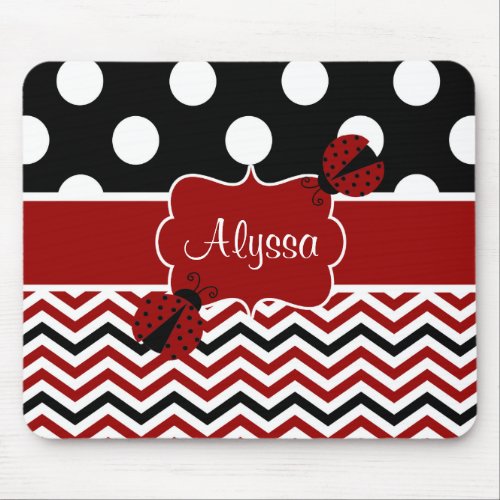 Black Red Ladybug Chevron Personalized Mousepad