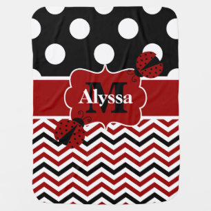 Black Red Ladybug Dots Chevron Personalized Swaddle Blanket