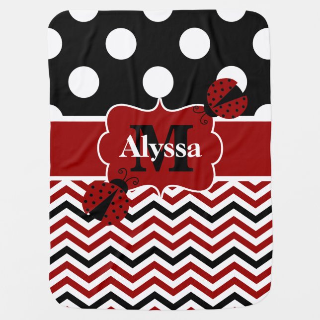 Black Red Ladybug Dots Chevron Personalized Swaddle Blanket (Front)