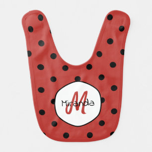 Black Red Ladybug Polka Dots Name and Monogram Baby Bib