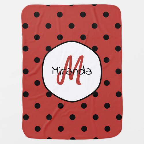 Black Red Ladybug Polka Dots Name and Monogram Baby Blanket