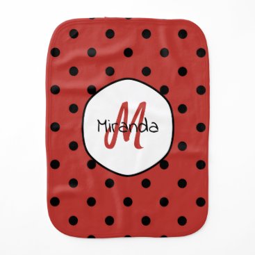 Black Red Ladybug Polka Dots Name and Monogram Baby Burp Cloth