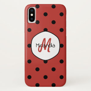 Black Red Ladybug Polka Dots Name and Monogram iPhone X Case
