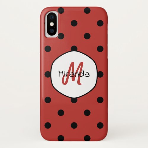 Black Red Ladybug Polka Dots Name and Monogram iPhone X Case