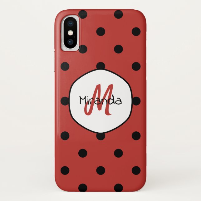 Black Red Ladybug Polka Dots Name and Monogram Case-Mate iPhone Case (Back)
