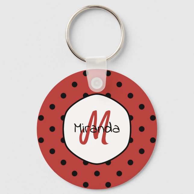 Black Red Ladybug Polka Dots Name and Monogram Keychain (Front)