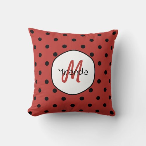 Black Red Ladybug Polka Dots Name and Monogram Throw Pillow