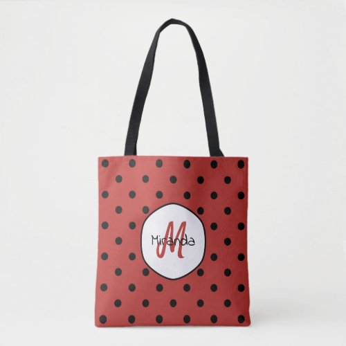 Black Red Ladybug Polka Dots Name and Monogram Tote Bag