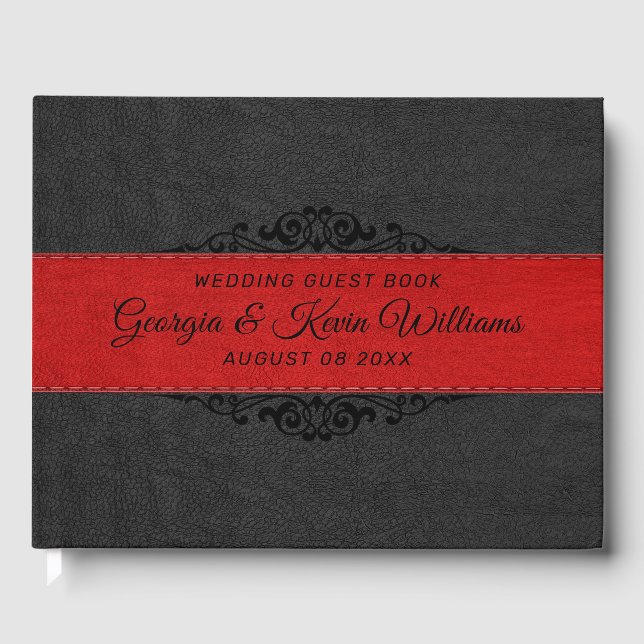 Black & Red Leather Black Floral Accent Guest Book (Front)