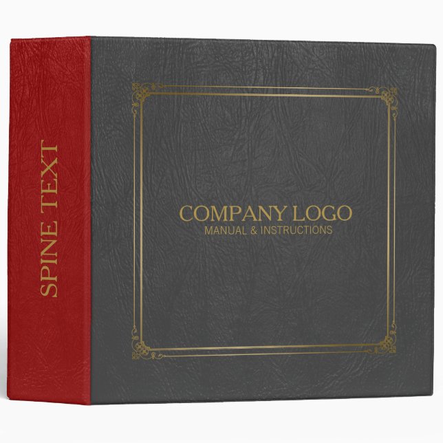 Black & Red Leather With Gold Frame Accent 3 Ring Binder (Front/Spine)