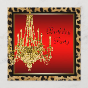Black Red Leopard Gold Chandelier Birthday Party Invitation