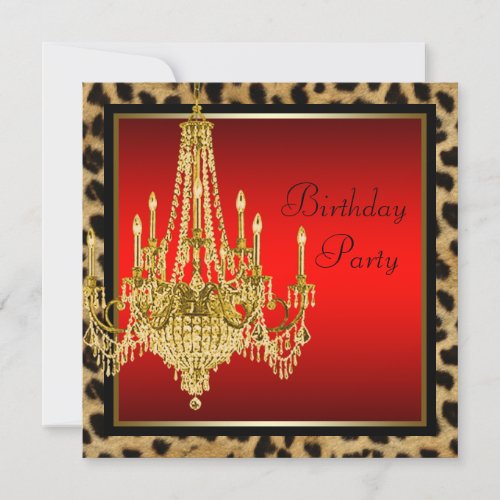 Black Red Leopard Gold Chandelier Birthday Party Invitation