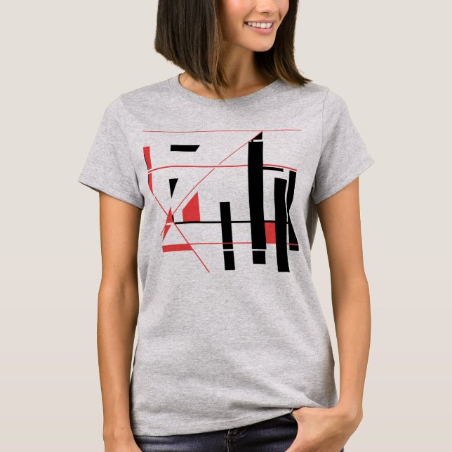 Black Red Lines Shapes Geometric Abstract MCM Look T-Shirt (Front)