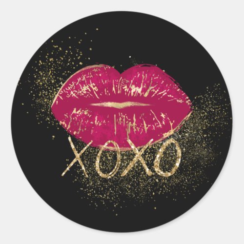 Black Red Lips Kiss Gold Glitter XOXO Classic Round Sticker
