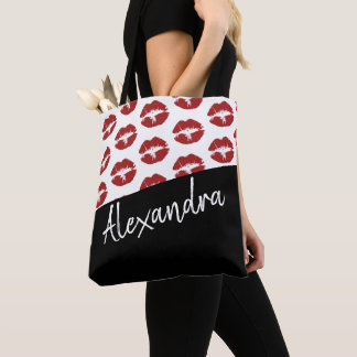Black Red Lips Kiss Pattern Modern Personalized Tote Bag