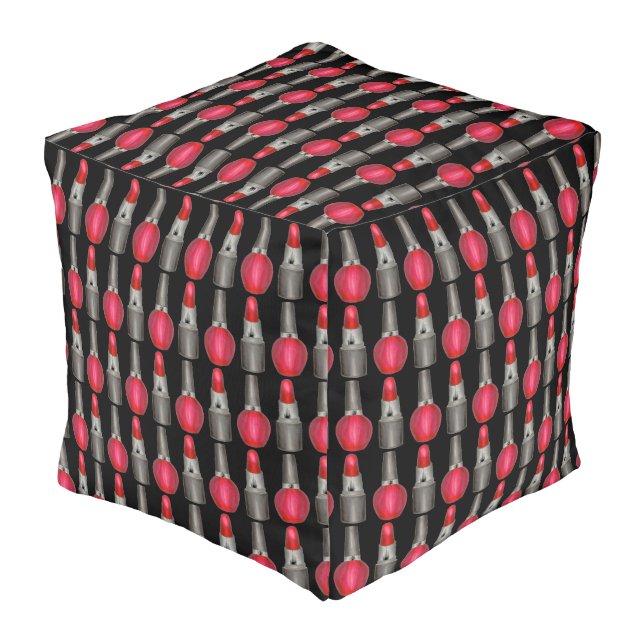 Black Red Lipstick Nail Polish Makeup Beauty Print Pouf (Angled Back)